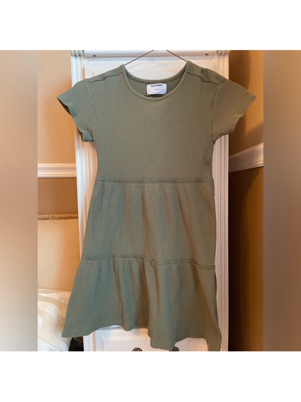Old Navy Olive Green Ribbed Tiered Short-Sleeve Dress